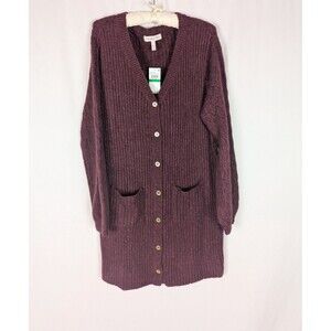 Harlow & Rose Sweater PL Women's Burgundy Pointelle Long Sleeve Cardigan Pockets
